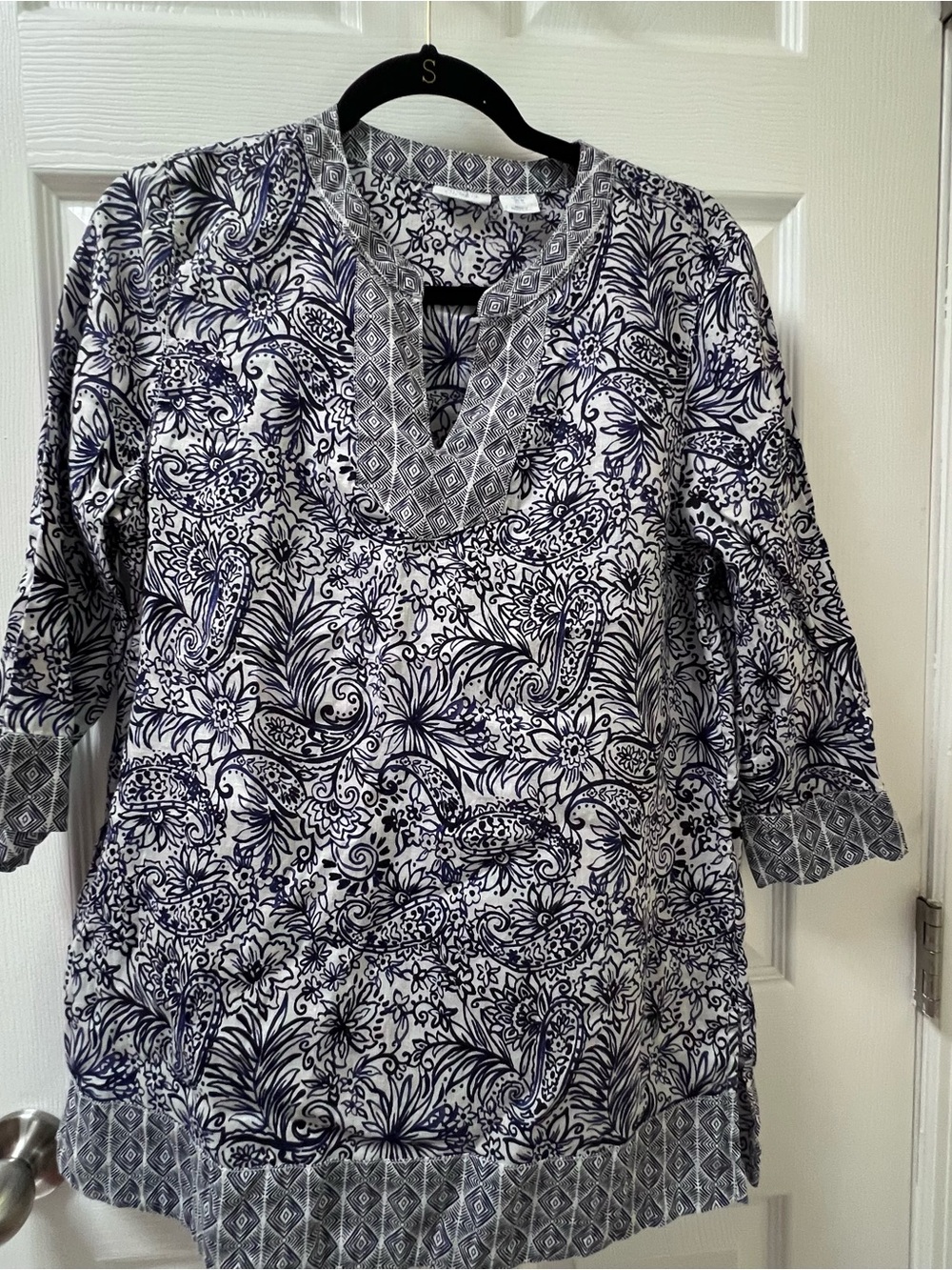 Sigrid Olsen Linen Tunic Lagenlook Coastal Beach Preppy Blue White Size Medium